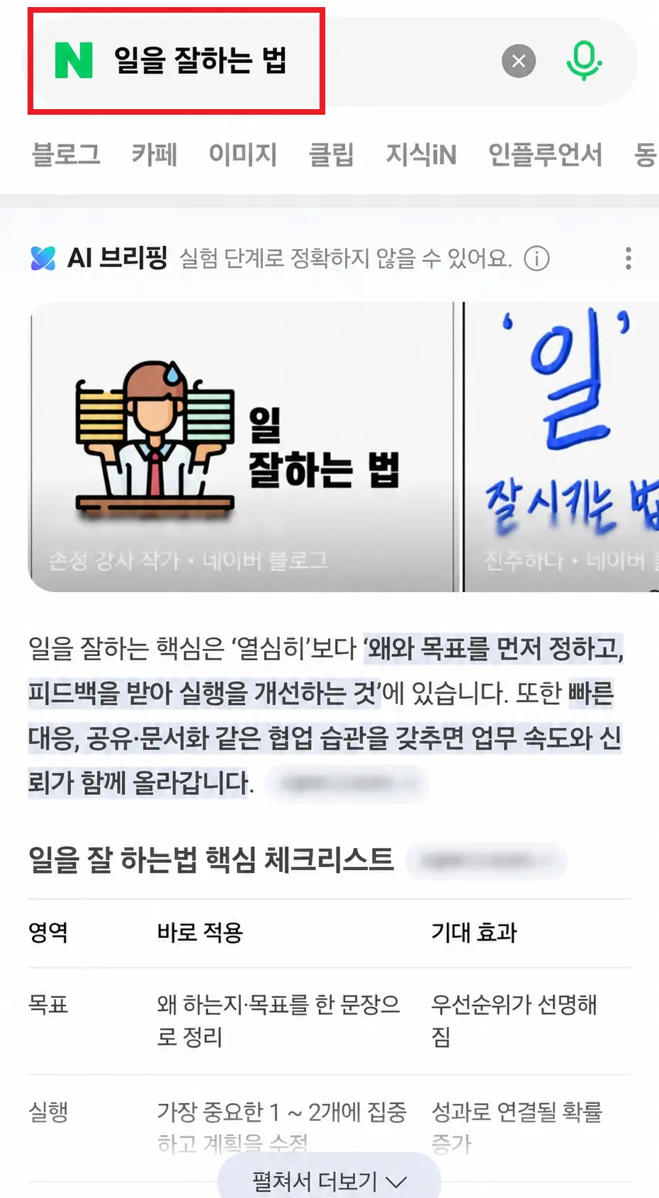 일 잘하는 법 검색 시 AI 브리핑이 블로그·강사 글을 인용하는 화면